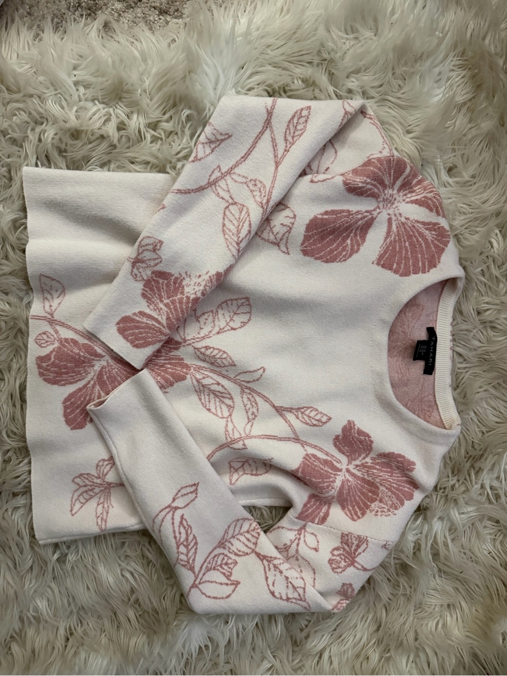 Tahari Cream Crewneck Sweater with Dusty Rose Floral Motif